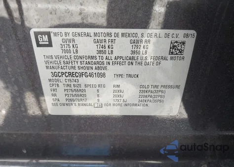 2015 Chevrolet Silverado 1500 1Lt из США, поврежденный, VIN 3GCPCREC9FG461098